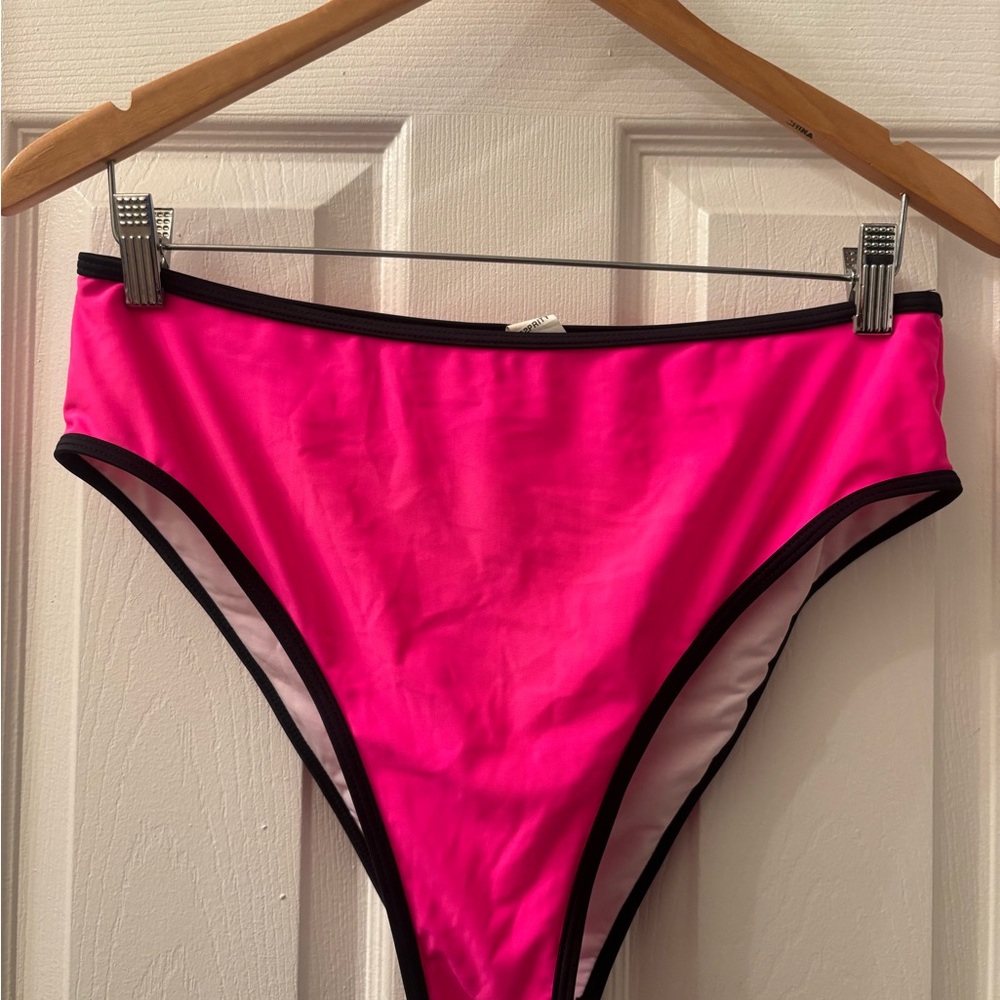 High-Waist Hot Pink Bikini Bottom with Black Trim